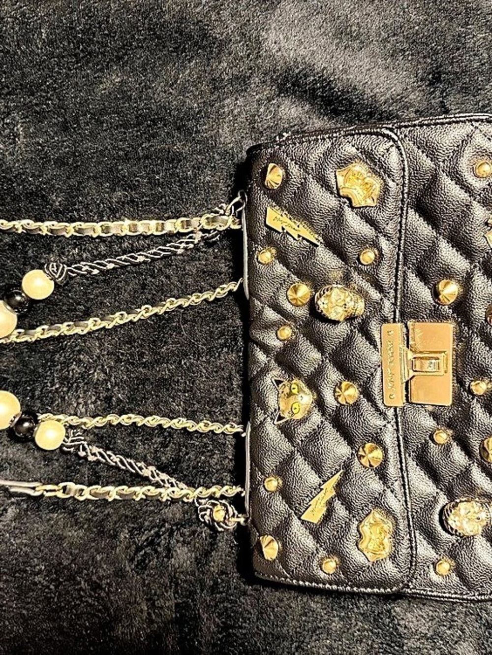 Betsey Johnson Xorumor Quilted Skull Shoulder Bag Black & Gold